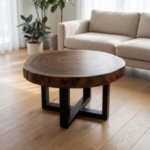 Blue Sea Wood โต๊ะกลางโซฟา โต๊ะกาแฟ ไม้จามจุรีแว่นขอบธรรมชาติ สีวอลนัท ขาเหล็กไขว้