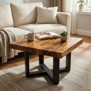 Blue Sea Wood โต๊ะกลางโซฟา โต๊ะกาแฟ ท็อปไม้จามจุรีสี่เหลี่ยม ขาเหล็กไขว้