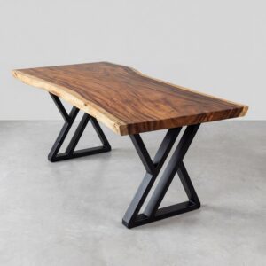 Blue Sea Wood โต๊ะไม้จามจุรีแผ่นเดียว (ท็อปไม้ขอบธรรมชาติ) ขาเหล็กพ่นดำ ทรง Double Z สไตล์โมเดิร์น / สไตล์ลอฟท์