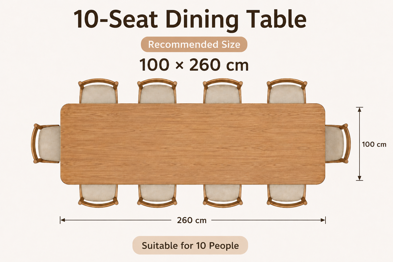 Example layout of a 10-seat dining table, 100 x 260 cm