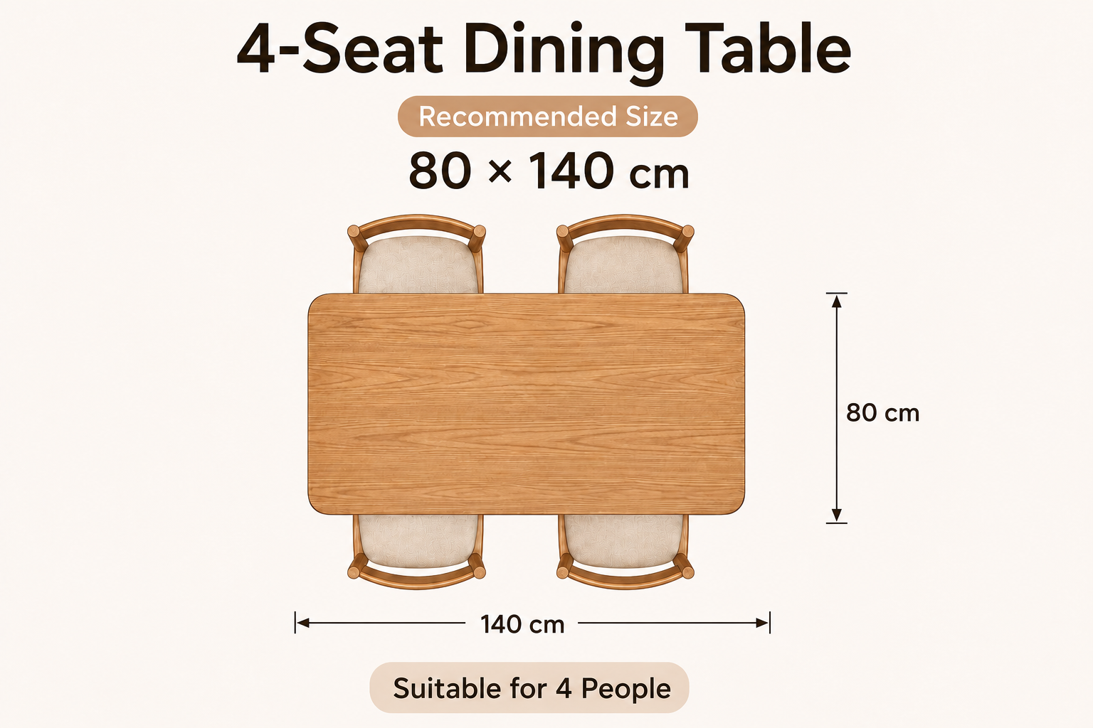Example layout of a 4-seat dining table, 70 x 140 cm