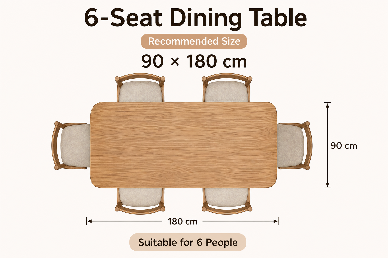 Example layout of a 6-seat dining table, 90 x 180 cm