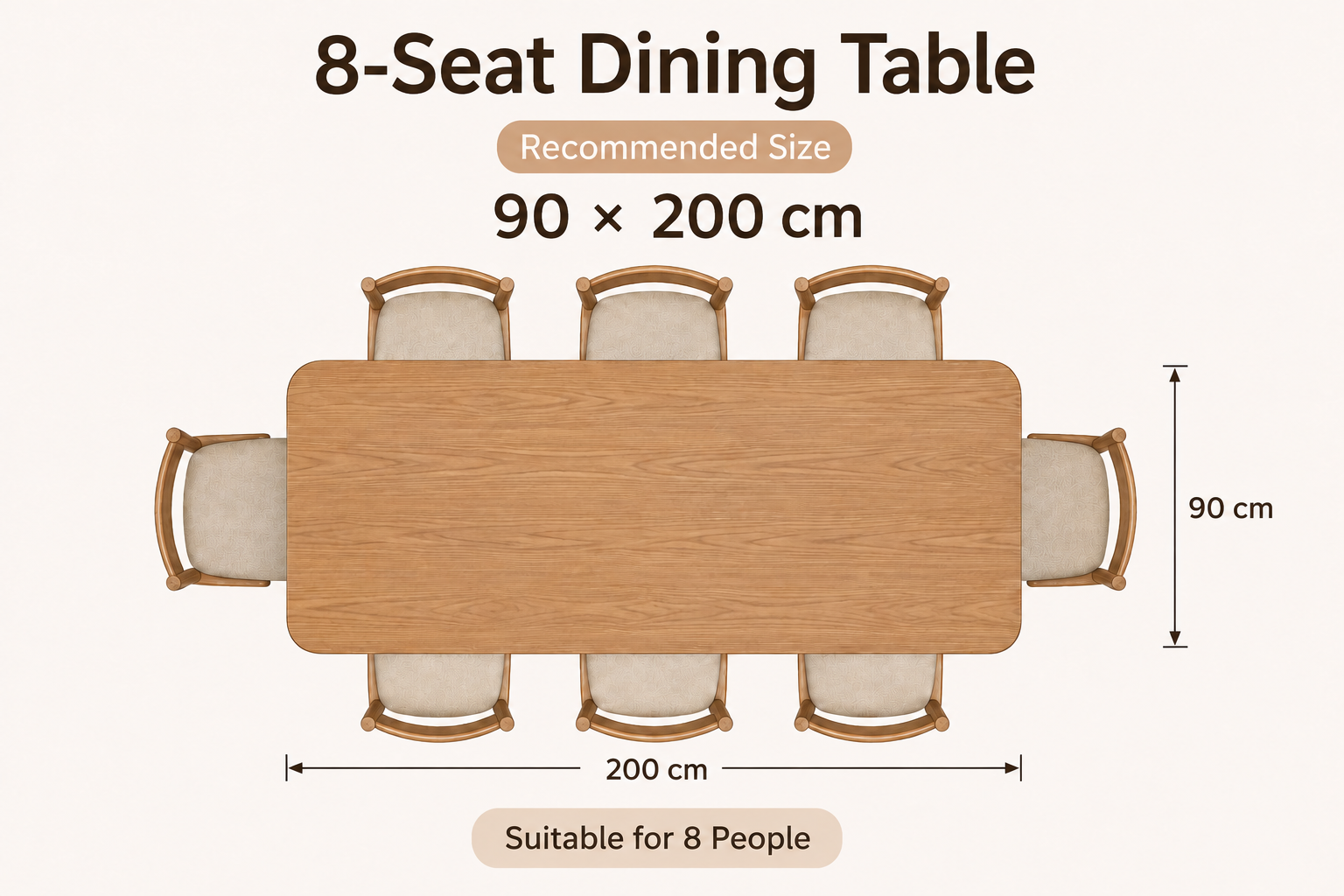 Example layout of an 8-seat dining table, 90 x 220 cm