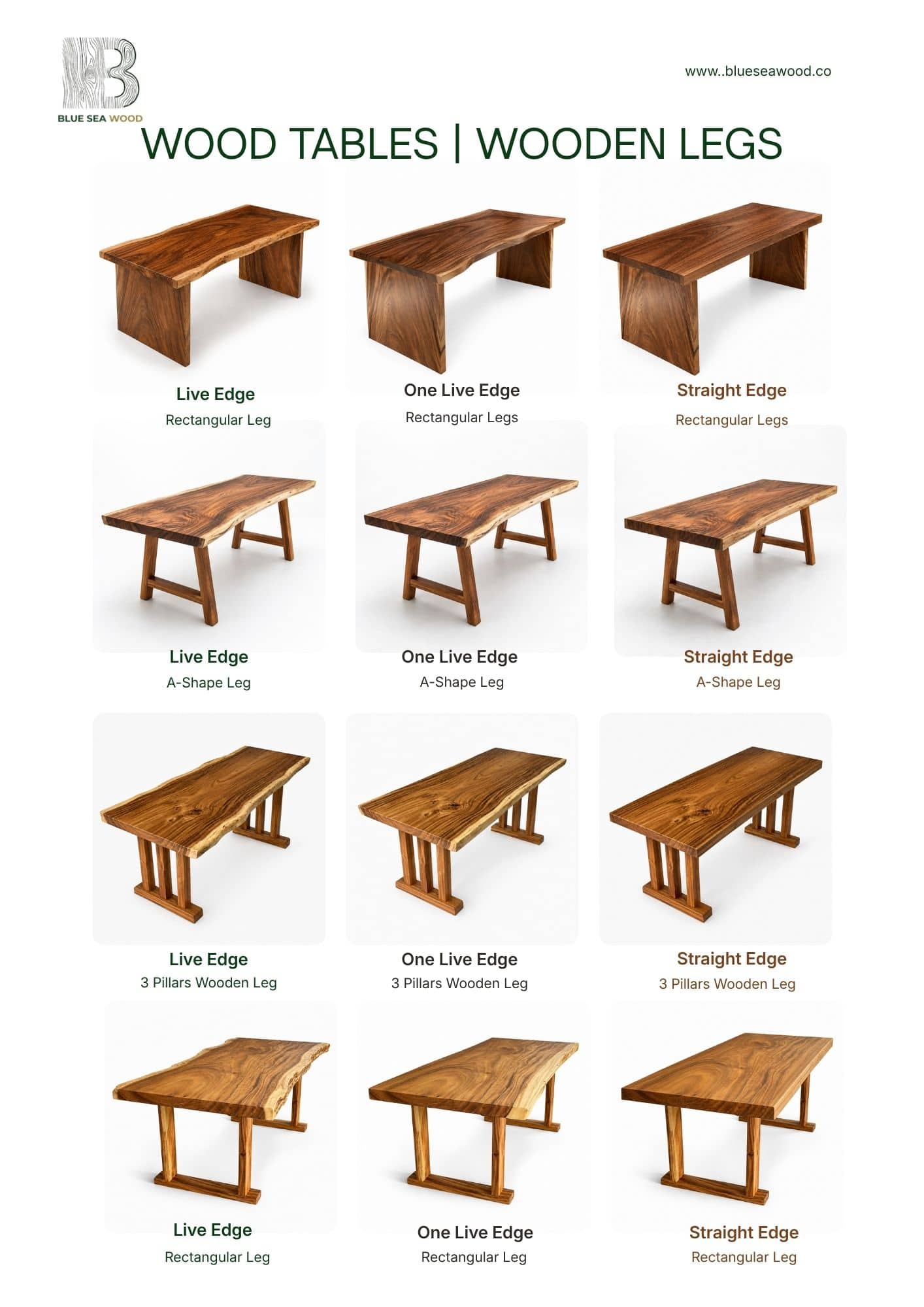 Suar wood tables with solid wooden legs