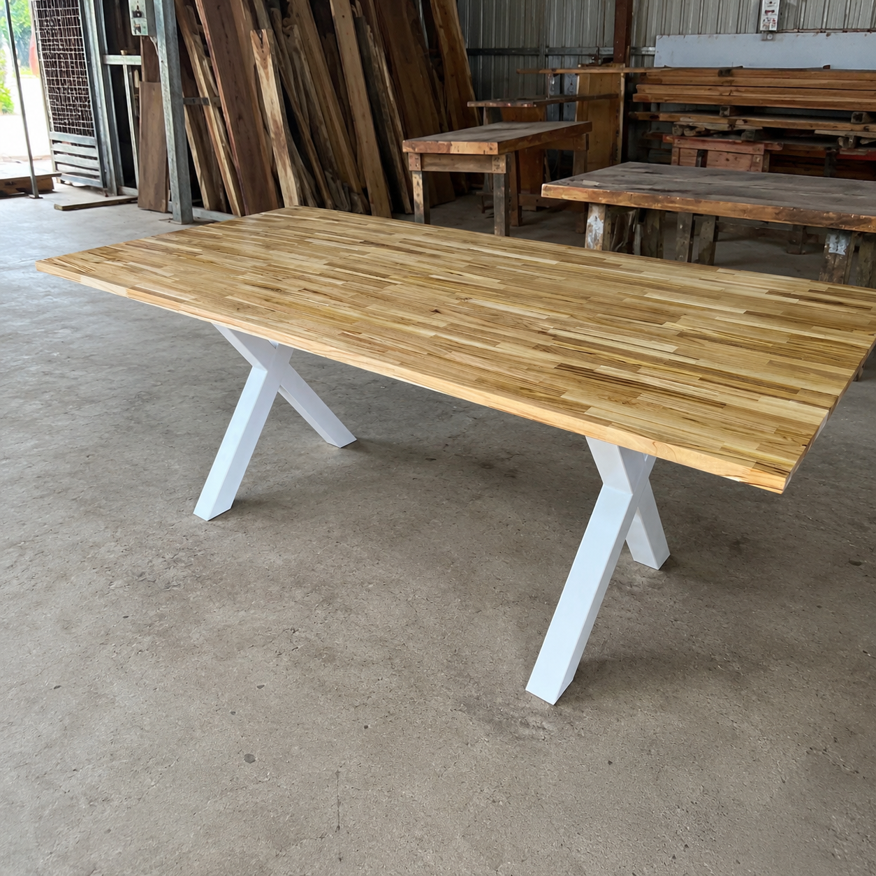 90 × 240 cm jointed teak dining table with white 3 × 3 inch X-shaped steel legs