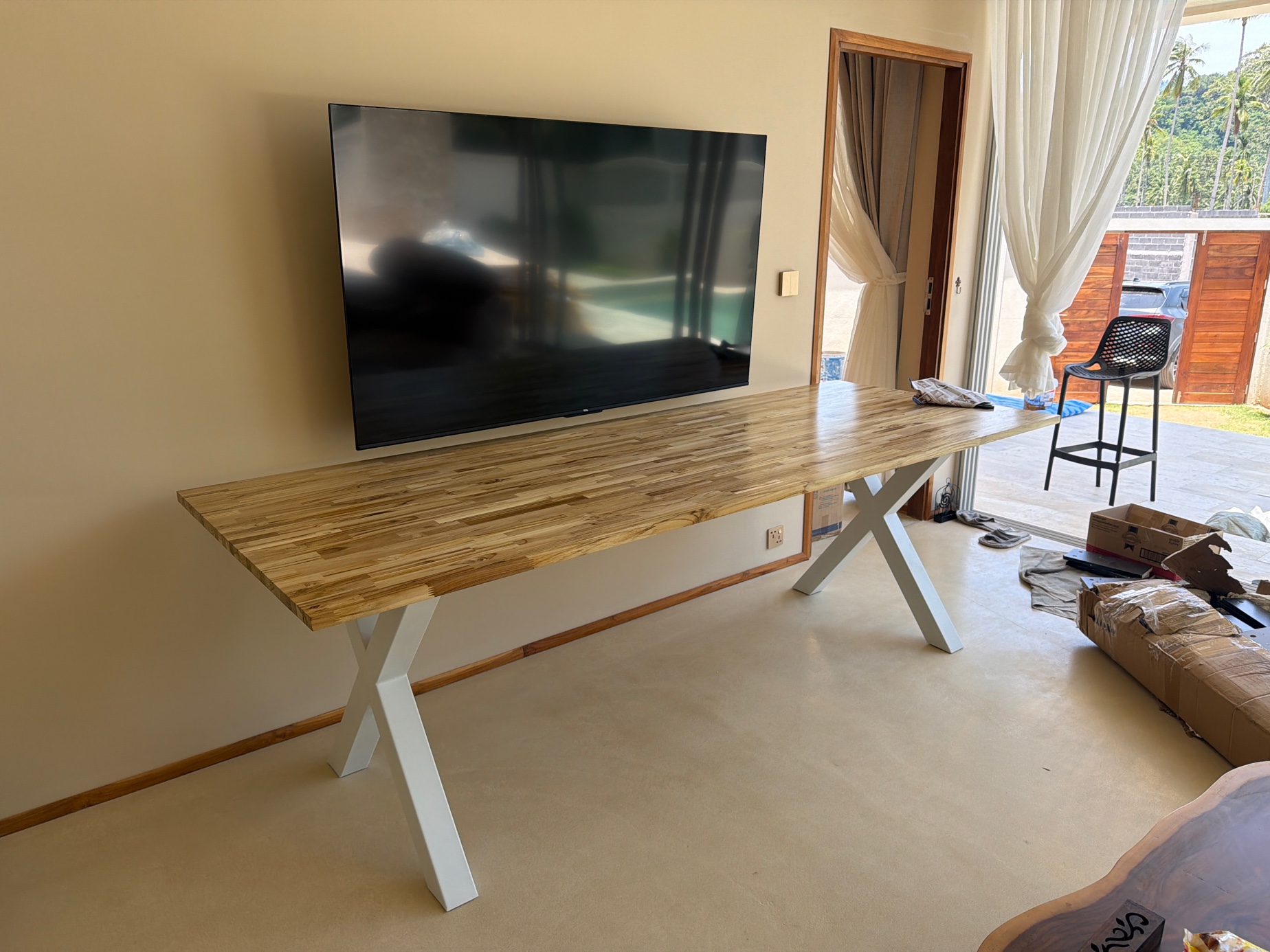Custom jointed teak wood tables by Blue Sea Wood delivered to a customer in Koh Samui